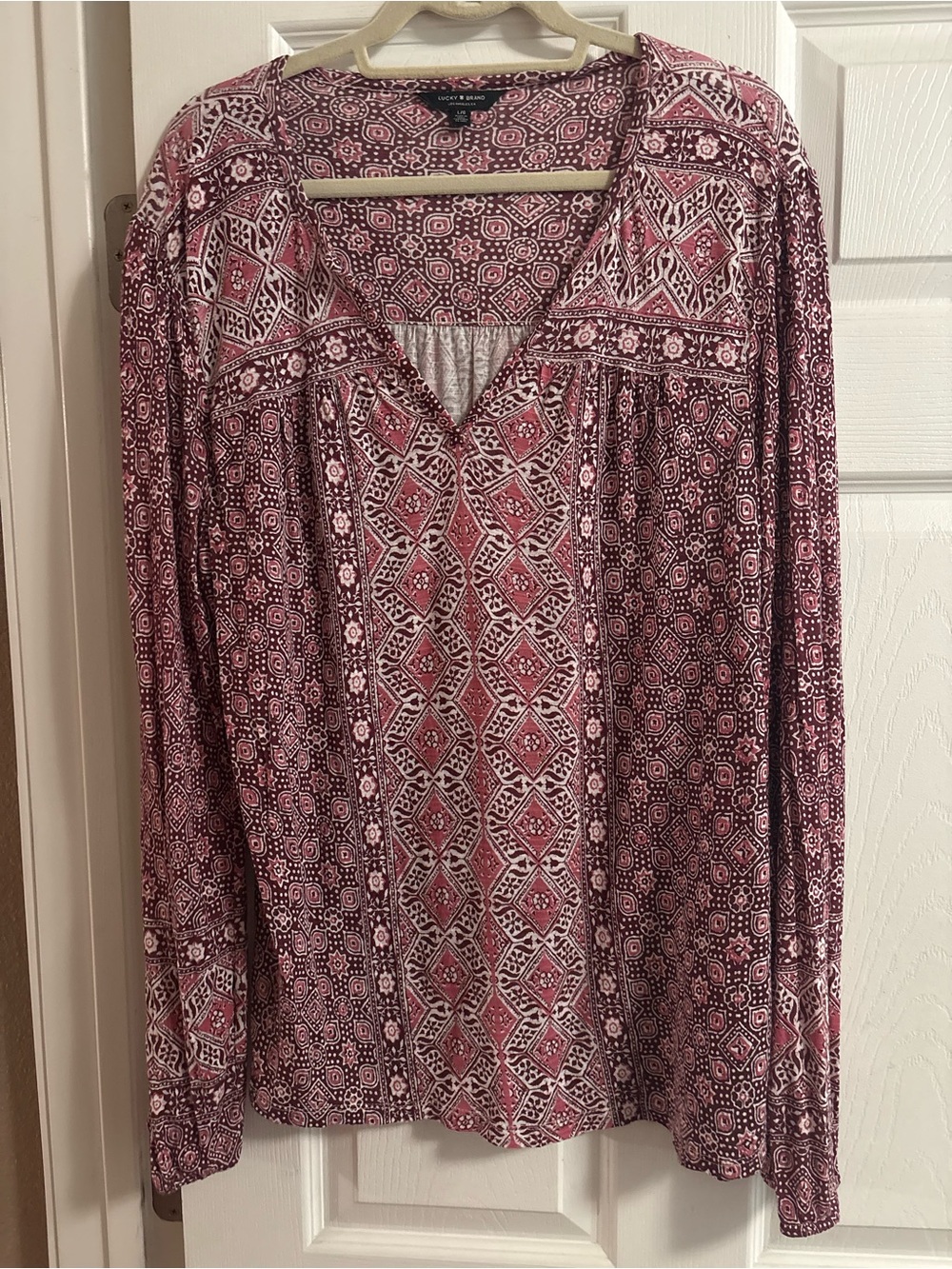 Lucky Brand long sleeve blouse top boho bohemian v neck peasant L